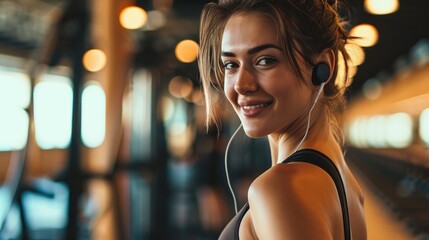 Beautiful athletic woman listening music over earbuds and smile in gym. Healthy woman concept.