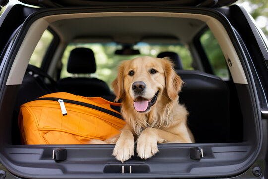 Golden Retriever in the back of a car