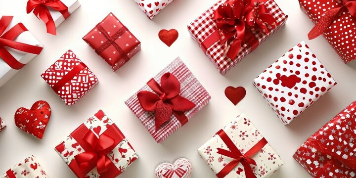 Valentine day composition: top view gift boxes with bow and red hearts.