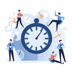 Business professionals in suits interact near a clock