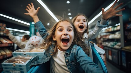 Two happy little girls having fun riding in a shopping cart in a supermarket,