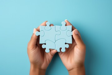 Blue puzzle pieces in hands, - obrazy, fototapety, plakaty