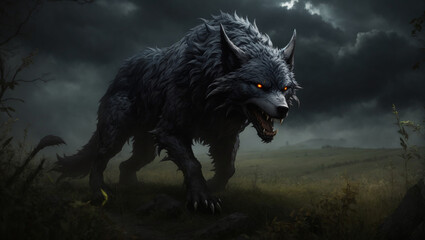 furious black wolf,wolf roaring. Fury of the wolf - obrazy, fototapety, plakaty