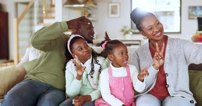 Funny, selfie and happy black family in home, living room or parents, kids and relax on lounge, sofa or couch on holiday. African mom, dad and children in photo with love, peace or together on phone