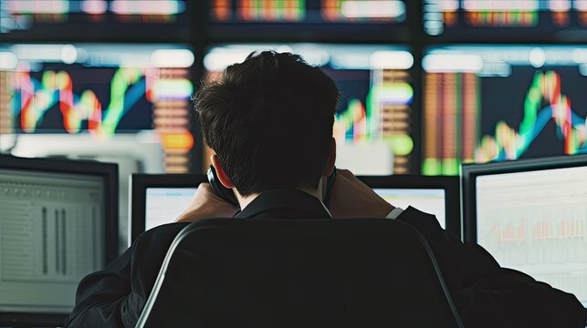 a young male stock exchange trader working in office