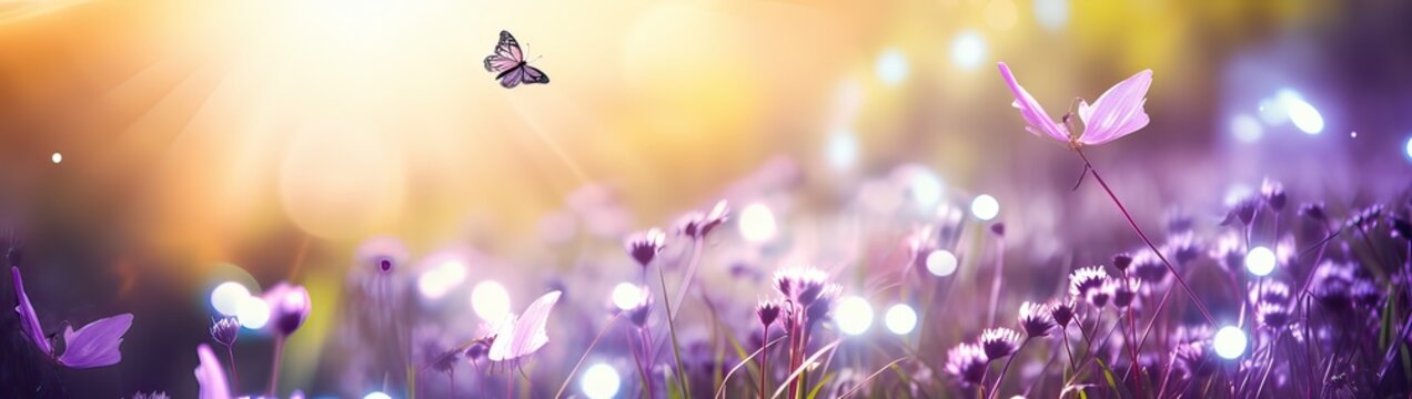 Purple butterfly flies over small wild white flowers in grass in rays of sunlight. Spring summer fresh artistic image of beauty morning nature. Selective soft focus.