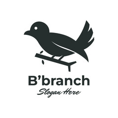cartoon bird character, bird animal logo, bird on a branch of a tree