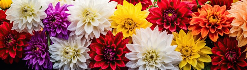 Red, white, yellow dahlia august colorful background. View of multicolor dahlia flowers. Beautiful dahlia flowers on green background. Summer flowers is genus of plants in sunflower family Asteracea