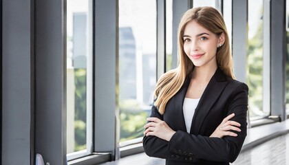 A portrait of a businesswoman with long blonde hair, standing with her arms crossed.
