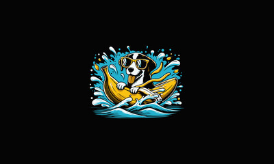 dog smile wearing sunglasses riding banana on sea vector mascot design