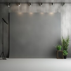 Modern empty studio with grey concrete wall and spotlights