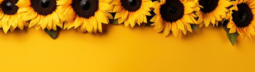 Sunflowers on a yellow background. Copy space. Top view