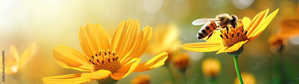 Wall mural View of honey bee and yellow Cosmos flower on blurred green leaf background under sunlight with copy space using as background natural flora insect, ecology cover page concept.