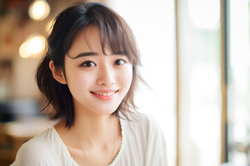 明るい室内でこちらを見つめる笑顔の女性