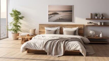 Modern coastal bedroom interior with beach photography