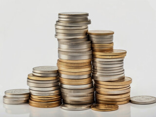 many shiny pile of golden coins white background, Generative AI