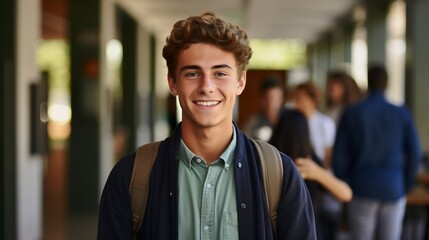 Happy teenage boy with curly hair smiling at the camera