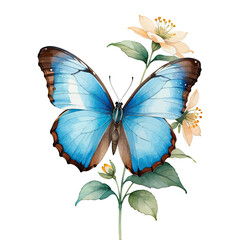 Watercolor Blue Morpho Butterfly on Flower Clipart