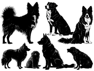 Cute dogs doodle vector set. Cartoon dog. Silhouettes of cats and dogs on white background