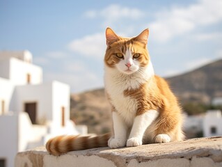 Ginger cat sitting on a stone wall in a Greek village