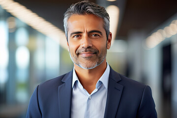 Headshot close up portrait of indian or latin confident mature good looking middle age leader, ceo male businessman on blur office background. Handsome hispanic senior business man smiling at camera - obrazy, fototapety, plakaty