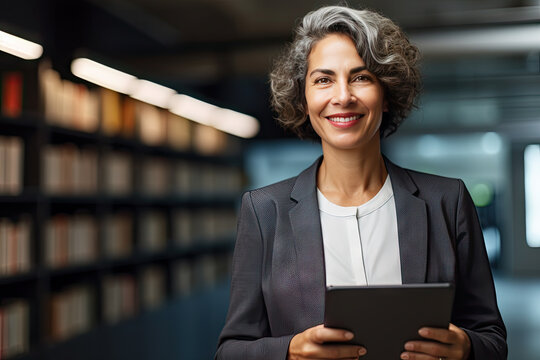 Latin Hispanic mature adult professional business woman looking at camera and smiling. European businesswoman CEO holding digital tablet using fintech tab application standing at workplace in office