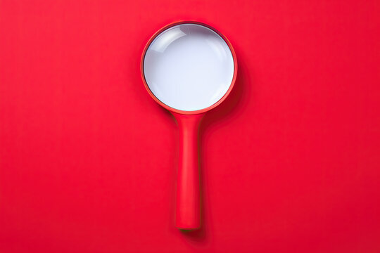 Magnifier magnifying exclamation mark on red background. Alert and precaution concept. Caution and risk management security signal announcement hazard
