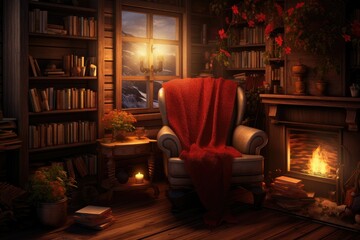 Comfortable armchair in a cozy living room with a fireplace and a book, vintage living room with cozy reading corner, comfortable reading space at home