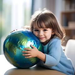 World Earth Day Celebration : A baby girl passionately hugging a model of Earth Sphere giving the message to protect and love the earth and environment