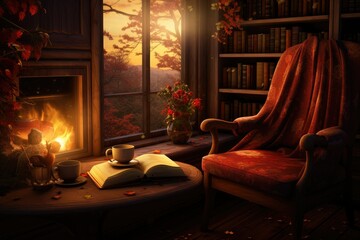 vintage cozy reading place in home, Cozy home interior with armchair, books, fireplace and book, living room interior book library with fireplace.