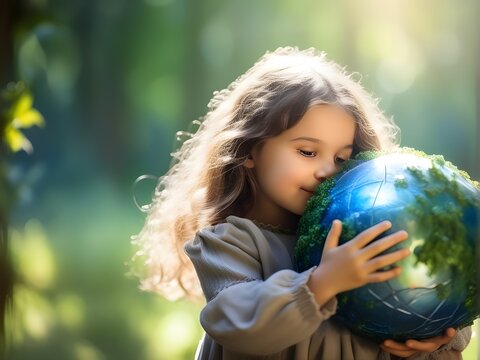 World Earth Day Celebration : A baby girl passionately hugging a model of Earth Sphere giving the message to protect and love the earth and environment