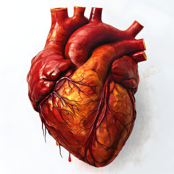 Realistic red heart, real internal human organ on white background