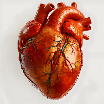Realistic red heart, real internal human organ on white background