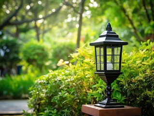 Classic garden lamp in the middle of a beautiful garden