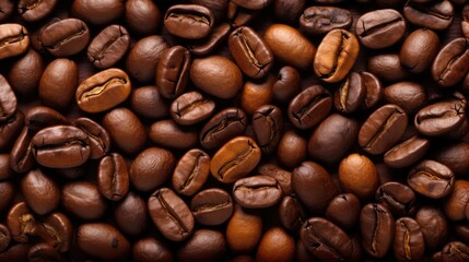 Naklejka premium Coffee beans in close-up. The texture of the coffee. Production of natural coffee. Roasted grains, aroma, morning drink.