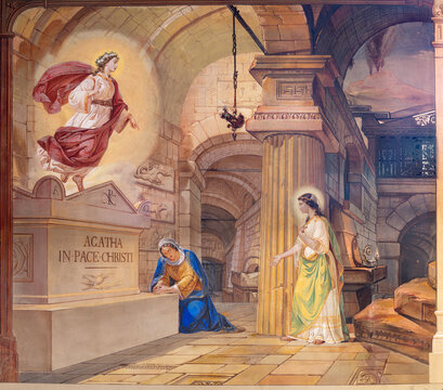 VICENZA, ITALY - NOVEMBER 7, 2023: The fresco of St. Lucia at the tomb of St. Agatha in church Chiesa di Santa Lucia by Rocco Pittaco (1862).