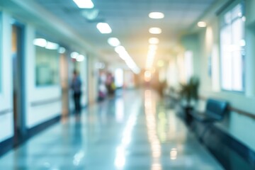 Blur image background of a bustling hospital corridor, clinical setting - obrazy, fototapety, plakaty