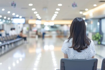 Blurry background of a hospital waiting area with an Asian businesswoman, abstract medical setting