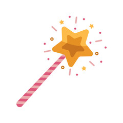 Magic wand vector icon. Pink striped stick with a glowing gold star. A shining tool for a wizard, fairy or girl princess. A colorful toy for tricks and wishes. Flat cartoon clipart isolated on white © shamanistik_art