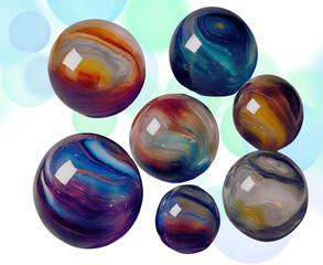 Shiny multi-colored glass marbles with blue and green circles