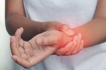 Osteoarthritis is a common cause of hand joint pain in the elderly. and those with a family history of degenerative knuckles - obrazy, fototapety, plakaty