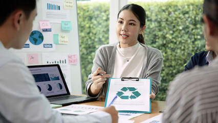 Carbon offset price report CO2 emission. Future growth Net zero waste in ESG ethical SME office protect climate change global warming social issues project. Group of asia people Eco friendly SDGs plan