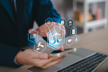 Legal advice online digital, labor law concept. Attorney, business, finance, intellectual property. Legal advisor, corporate lawyer, attorney service. Laws, justice, protection and regulations.