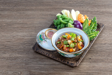 Shrimp and Chili paste sauce with fresh vegetable, delicious thai food, Naam Prik Long Rau
