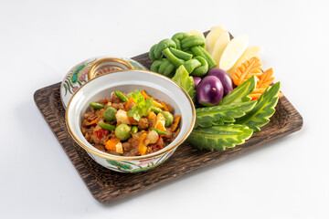 Shrimp and Chili paste sauce with fresh vegetable, delicious thai food, Naam Prik Long Rau