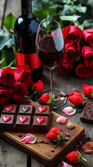 Rosas  vino y chocolate en una mesa por el día de san Valentín