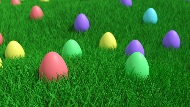 Painted Easter eggs in green grass colorful background 3d rendered illustration. Easter egg hunt.