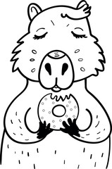 Adorable Capybara Enjoying a Donut Snack in Artistic Monochrome Vector Coloring Illustration