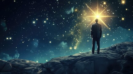 Fototapeta premium abstract of Businessman's Vision for the Future, silhouette of businessman in a suit observing the light of space, man looking at a star in outer space concept