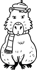 Cute Capybara in French Beret and Scarf Vector Coloring Illustration